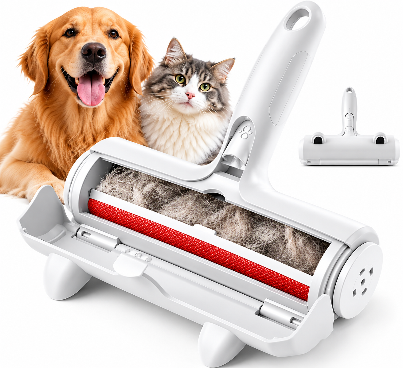 White FurFree pet hair remover roller with red insert and open hair chamber, next to a golden retriever and a cat