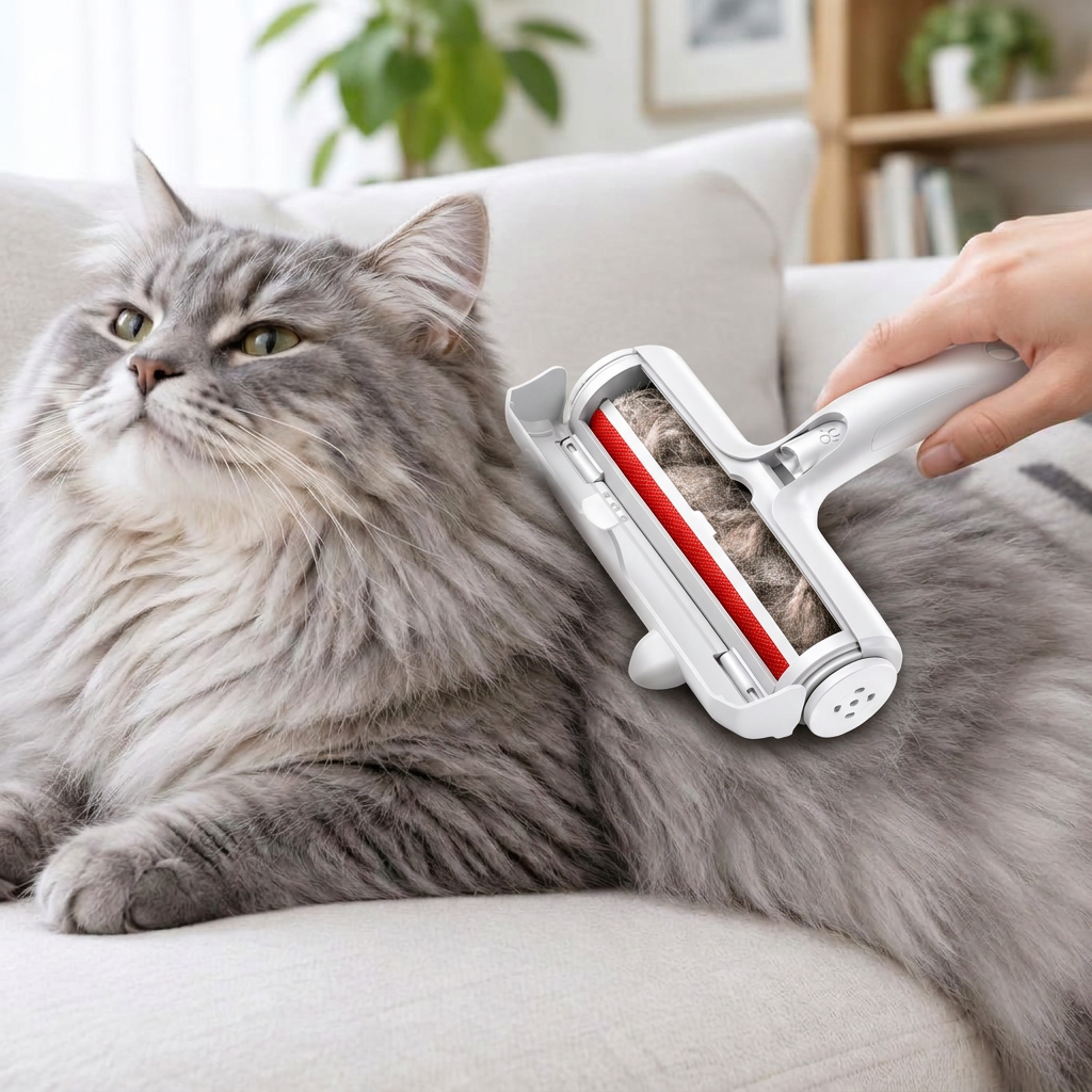 Gray cat on a sofa with the FurFree roller collecting hair